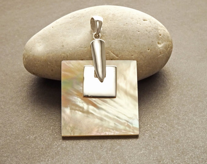 Modern Square Pendant, Sterling Silver 925,  Genuine Brown Color Mother of Pearl Paua Shell, Statement Geometric Minimalist design Necklace