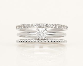 Triple Band Solitaire Ring • Sterling Silver • Pavé Diamond Cz Half Eternity and Bubble Band • Elegant Jewelry