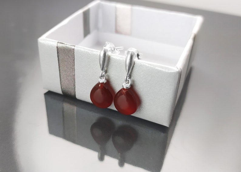 Red Stone 925 Earrings Sterling Silver Hook Earrings Drop Earrings Red Stones Cz Red Agate Silver Earrings Modern Dangly Agate image 6