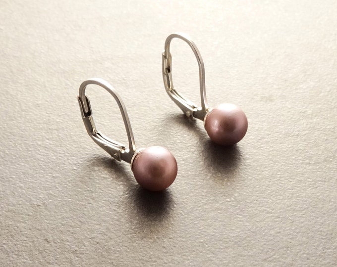 Purple Pearl Earrings, Sterling Silver, GENUINE Shell Pearl, Lever Back 6 mm Balls Earrings, Minimalist Jewelry Gifts