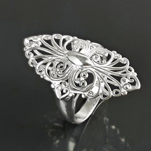 Armor Ring, Sterling Silver, Filigree Marquise Lace Ring with French Versailles Castle inspired Design, Vintage jewelry