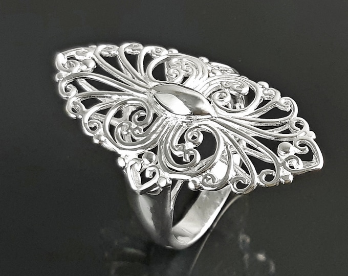 Armor Ring, Sterling Silver, Filigree Marquise Lace Ring with French Versailles Castle inspired Design, Vintage jewelry