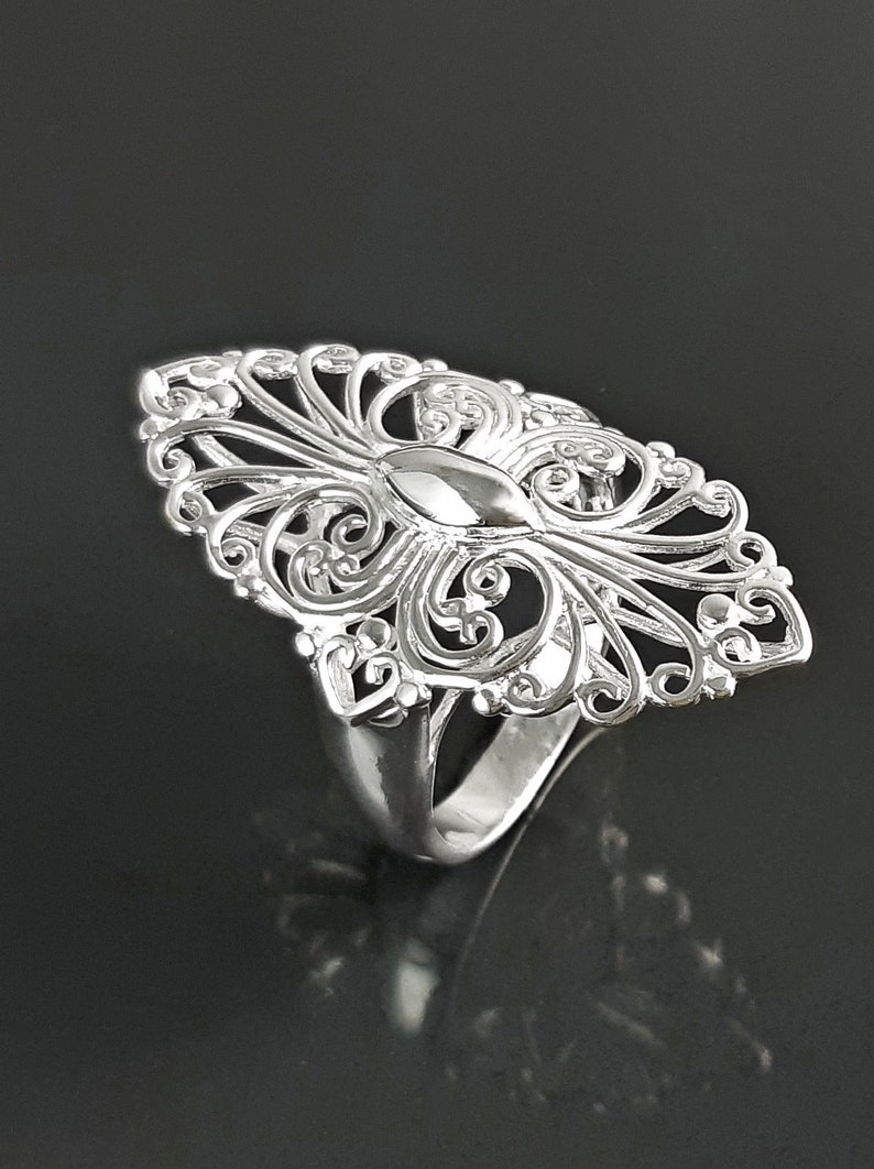 Armor Ring, Sterling Silver, Filigree Marquise Lace Ring with French Versailles Castle inspired Design, Vintage jewelry image 1