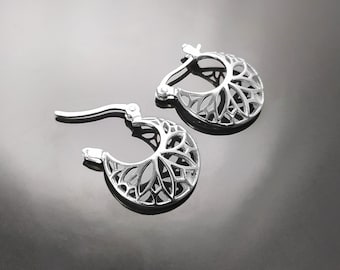 Sterling Silver 925 Flower of Life Hoop Earrings, Mandala Filigree Spiritual Jewelry