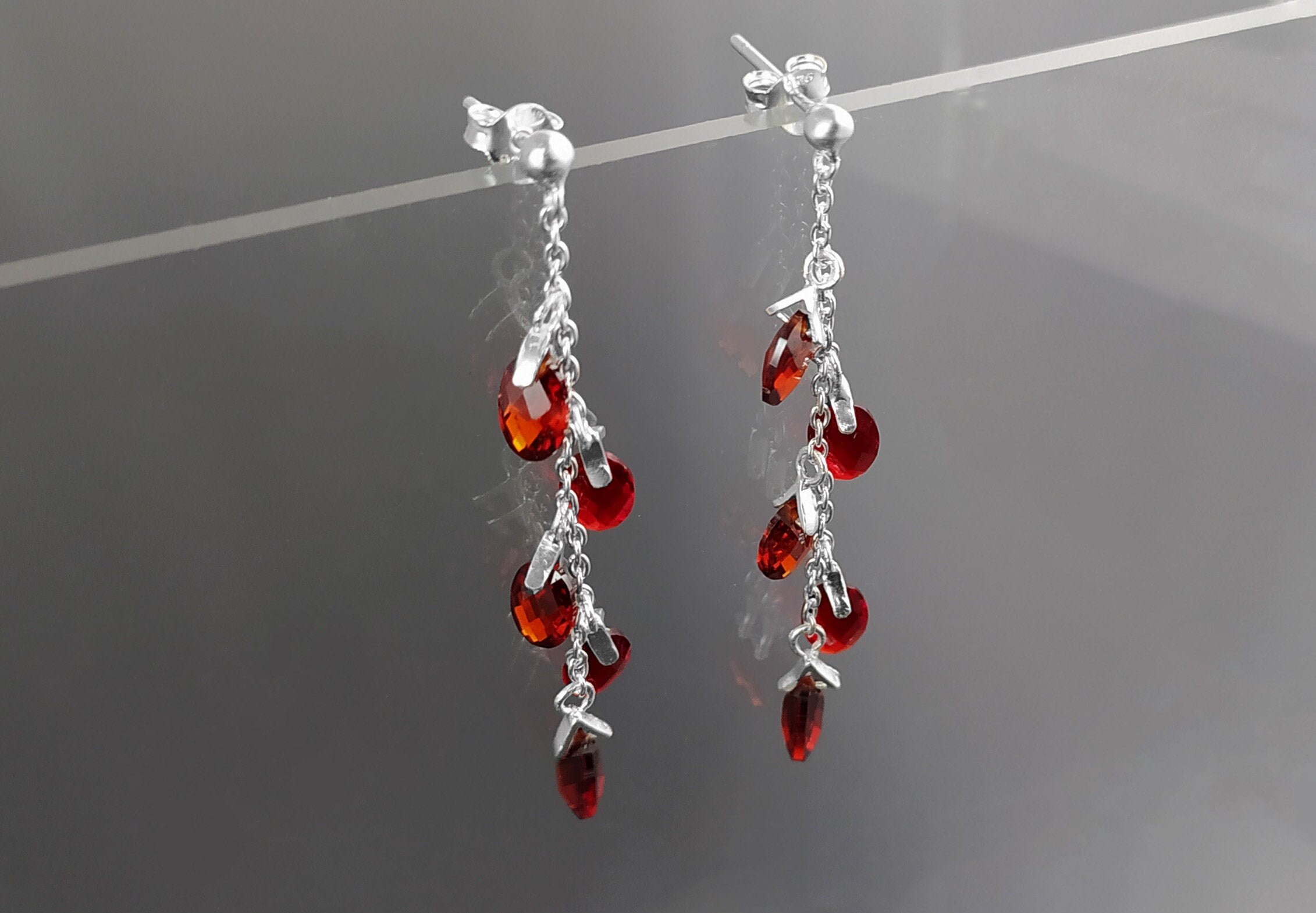 Red Earrings Sterling Silver Teardrop Two toned Red Stones