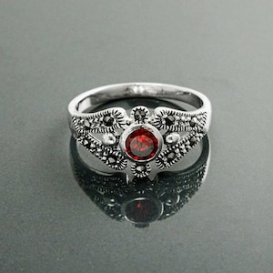 Art Deco Sterling Silver Garnet Marcasite Ring, Vintage Reissue Jewelry