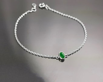 Tiny Jade Bracelet, Sterling Silver, Modern Minimalist Bracelet, Small Green Oval Stone, Genuine Jade Gemstone, Dainty Small Jewelry