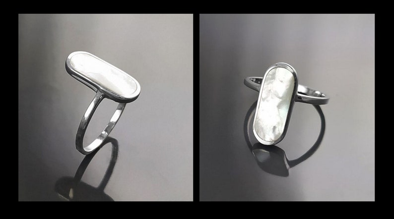 Bague Nacre Ovale Plate Argent 925, véritable Nacre Perlière ovale reflets irisés, bijoux pour tous les jours, style minimaliste moderne image 5
