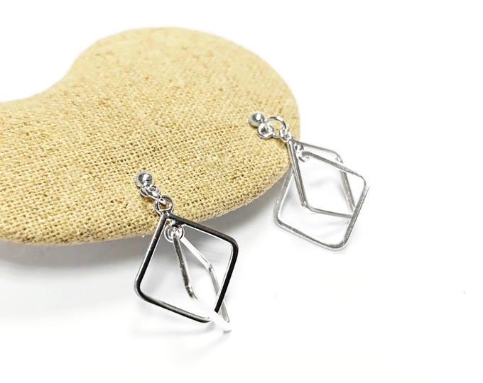 925 Double Square Earrings•  Sterling Silver • Modern Geometric Jewelry • Everyday Contemporary Minimalist Style Dangle , Gift for Her
