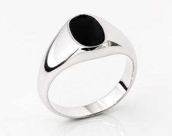 Sterling Silver Oval Signet Ring • Black Onyx Stone Pinky Band • Minimal Unisex Statement Jewelry