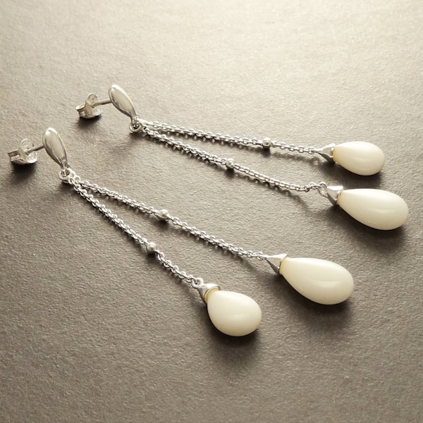 Boucles Pendantes Blanches - Boucles d'Oreilles Longues Chaînes Argent 925 - Goutte Agate Blanche - Parures Urbaine Bohème Pierre naturelle