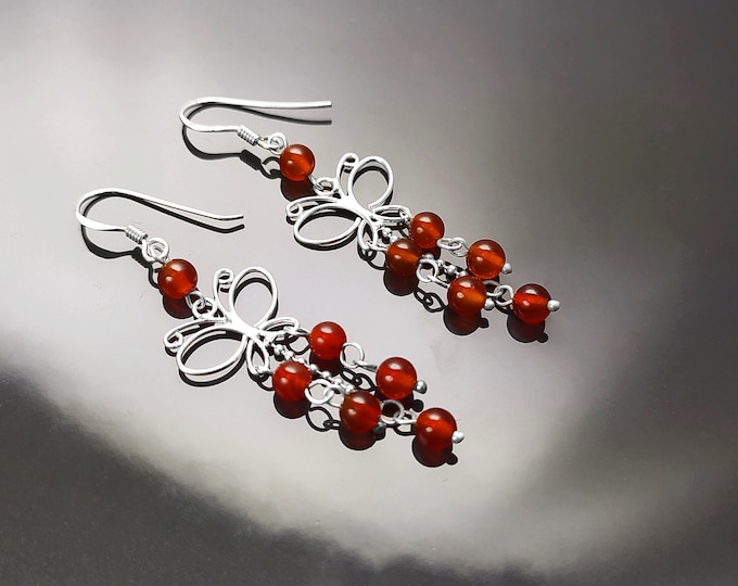 Red Carnelian Earrings, Sterling Silver, Pending Butterfly Dangle Stone Earrings, Carnelian Gemstone, Nature Hooks Earrings, Woman Jewelry