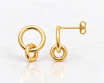 Double Circle Earrings • 18K Gold plated • Interlocking Double Ring Studs • Minimalist Geometric Jewelry