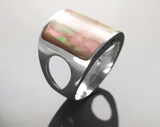 Cuff Ring, Sterling Silver, GENUINE Rainbow brown color Paua Shell Jewelry, Minimalist Square Geometric Ring, Statement Modern Ring