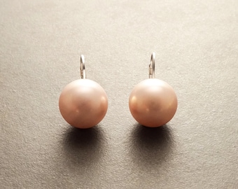 Pink Round Earrings, Sterling Silver, GENUINE Shell Pearl, Lever Back 12 mm Diameter Pearl Balls, Minimalist Jewelry, Woman Gift