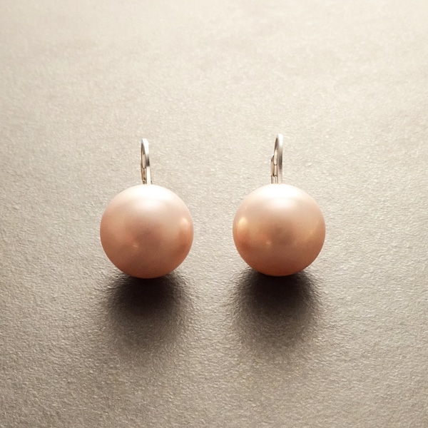 Pink Round Earrings, Sterling Silver, GENUINE Shell Pearl, Lever Back 12 mm Diameter Pearl Balls, Minimalist Jewelry, Woman Gift