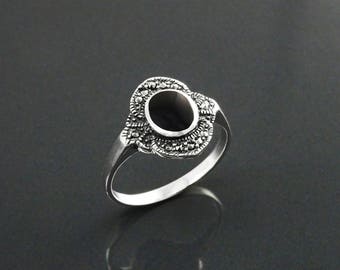 Anllo De ónx Negro Anllo De Luna De Plata Esterlna Anllo De Pedra