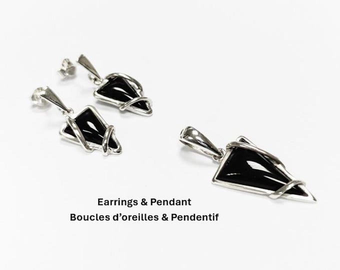 Black Triangle Earrings, Sterling Silver, Onyx Stone, Modern Geometric Jewelry, Earrings and Pendant Set, Women Gift