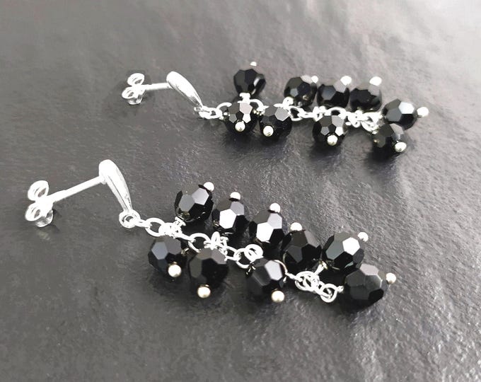 Black dangle earrings, sterling silver, teardrop blackberry crystal cz stones grape earrings, dark blackberries bunch, modern jewelry