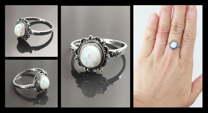 Anillo vintage de ópalo 925, plata de ley, joyería con gema de ópalo blanco fuego, joyería con piedra de ópalo ovalada de fuego, regalo de estilo tribal bohemio para mujer imagen 4