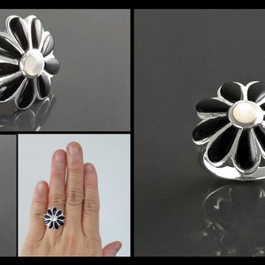 Bague marguerite noire, argent 925, pétales en nacre blanche et onyx noir, bague fleur, Anneau Floral, bijoux nature image 5