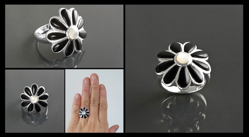 Bague marguerite noire, argent 925, pétales en nacre blanche et onyx noir, bague fleur, Anneau Floral, bijoux nature image 5