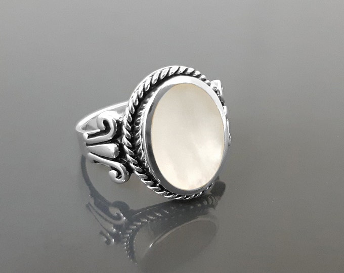 Hipster Ring, Sterling Silver, Genuine MOP Mother-of- Pearl Shell, Boho Jewelry, Flat Oval White Stone, UNISEX Vintage Style Rope Ring