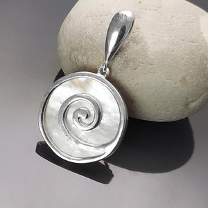 Spiral Earrings Set, Sterling Silver 925, White Mother of Pearl Shell Jewelry, Geometric Round Earrings and Pendant Set, Modern Disc Jewelry image 3