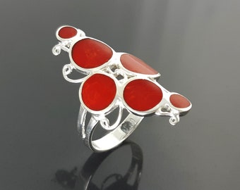 Red Round Ring, Sterling Silver 925, Modern Geometric Ring, Modern Red Stone, Red Circular Design Ring, Round Forms Ring.