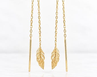 Leaf Threader Earrings • 18K Gold Plated • Long Chain Bar and Leaf Ends • Nature Jewelry