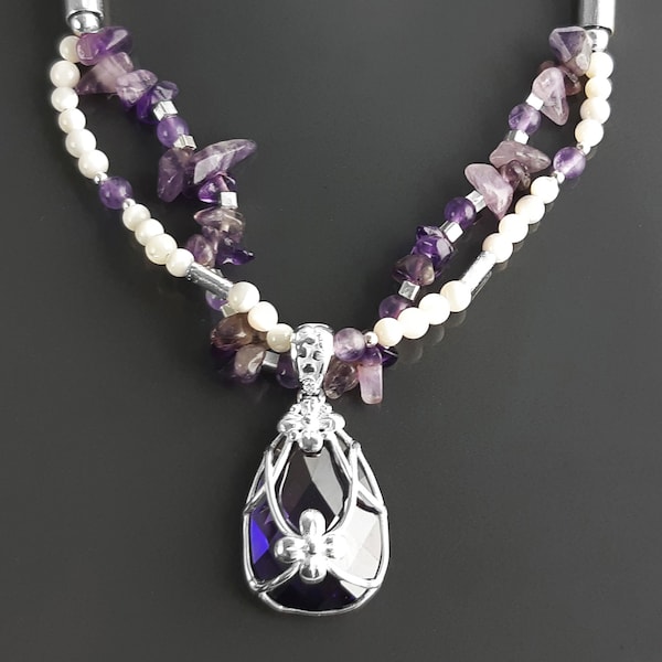 Collier Améthyste , Cuir, Galuchat, Torque, Perles, Nacre, Fleur, Zirconia, Bohème, Pendentif Améthyste, Violet, Collier Argent