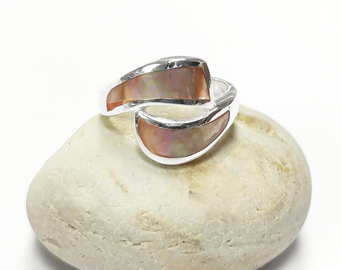 Comma Ring, Sterling Silver, GENUINE Brown Paua Shell, Bypass Popular Dainty Ring, Copper Rainbow Highlights, Geometric Jewelry