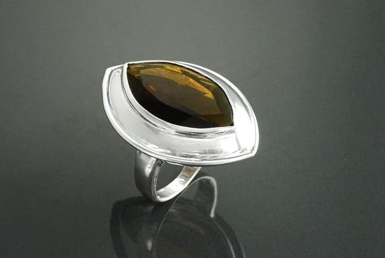 Bague Quartz, Argent 925, Grand Zirconia Oval couleur Quartz Fumé, taillé en Marquise, Ligne Pure, Simple, Grande Bague Originale, image 5