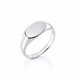 Op de afbeelding: Een gepolijste zilveren zegelring met een glad, ovaalvormig plat bovenoppervlak. De ringband is massief en loopt iets taps toe naar de onderkant, met een reflecterende metalen afwerking over het gehele sieraad.