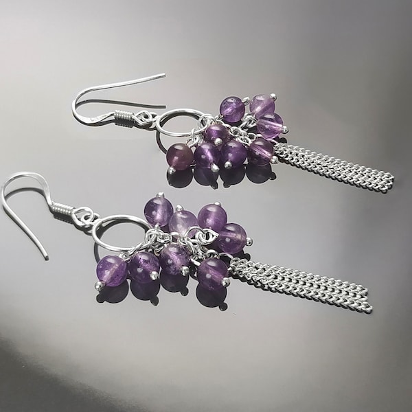 boucles d'oreilles pendantes violet, argent 925, boules violettes pendantes, bijoux pierre améthyste violette, boucles crochets chaînes