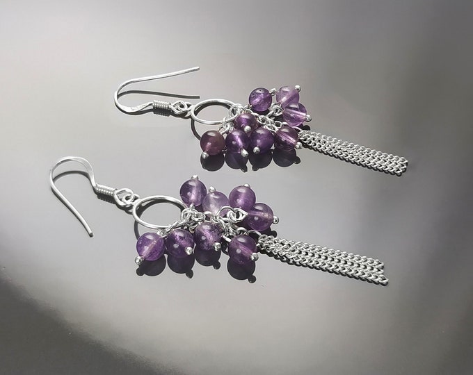 Purple Amethyst Dangle Earrings, Sterling Silver, Pending Violet Amethyst Gemstone, Drop Hooks Stones Chains Earrings, Woman Jewelry