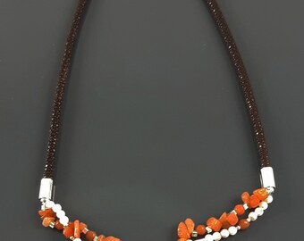 Orange Stone Color Necklace, Sterling Silver, NATURAL Agate Stones, Pearls Strands, Lab Orange Stone Cz, Flower Pendant, Stingray Collar