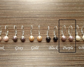 Purple Pearls Earrings, Sterling Silver, 12mm GENUINE Shell Pearls Lever Back Earrings, Minimalist, Pearl Jewelry,
