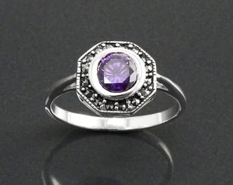 Amethyst Marcasite Ring, Sterling Silver, Vintage Octagonal Ring, Purple Amethyst Color Cz, Dainty Retro Violet Stone Rings, Women Gifts