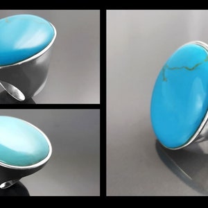 Turquoise Ring, Sterling Silver, Blue Turquoise Stone, Original Oval Form Jewelry, Unique Statement Modern Ring image 6