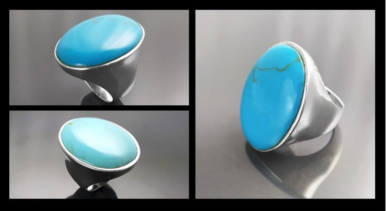 Turquoise Ring, Sterling Silver, Blue Turquoise Stone, Original Oval Form Jewelry, Unique Statement Modern Ring image 6