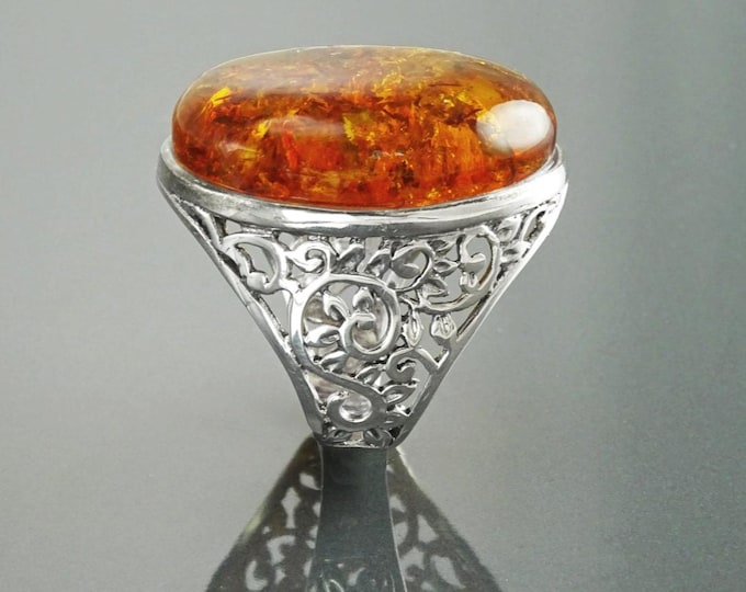 Antique Amber Ring, Sterling Silver 925, GENUINE Amber Oval Stone, Nature Inspired Pattern Filigree, Statement Ring, Bold Gemstone Jewelry