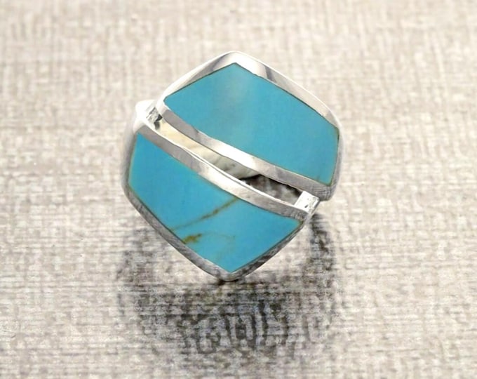 Blue Turquoise Ring - Sterling Silver - Turquoise Bypass Ring - Gemstone Crossing Ring - Turquoise Stone Ring - Framed Ring - Original Ring