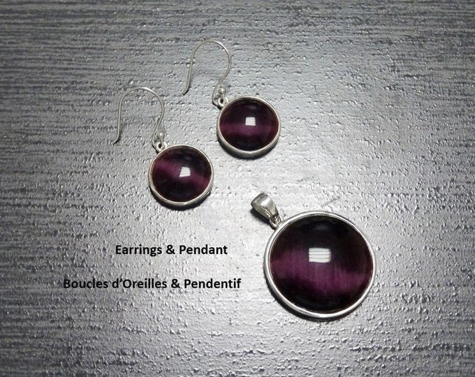 Purple Cat's Eye Stone Earrings Set, Sterling Silver, Round Pendant Set, Enhanced Violet Stones Jewelry, Modern Minimalist Geometric Jewelry