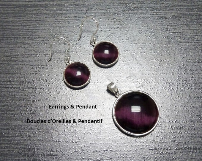 Purple Earrings Set, Sterling Silver, Round Stone Pendant Set, Enhanced Violet Cat's Eye Stones Jewelry, Modern Minimalist Geometric Jewelry