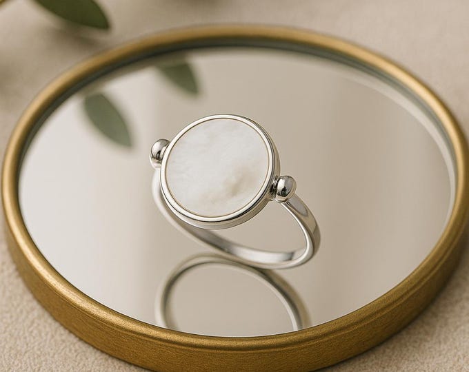 Round Shell Ring • Sterling Silver • Genuine White Flat Mother of Pearl • Modern Minimalist jewelry • June Birthstone Gift • Rotating Disc