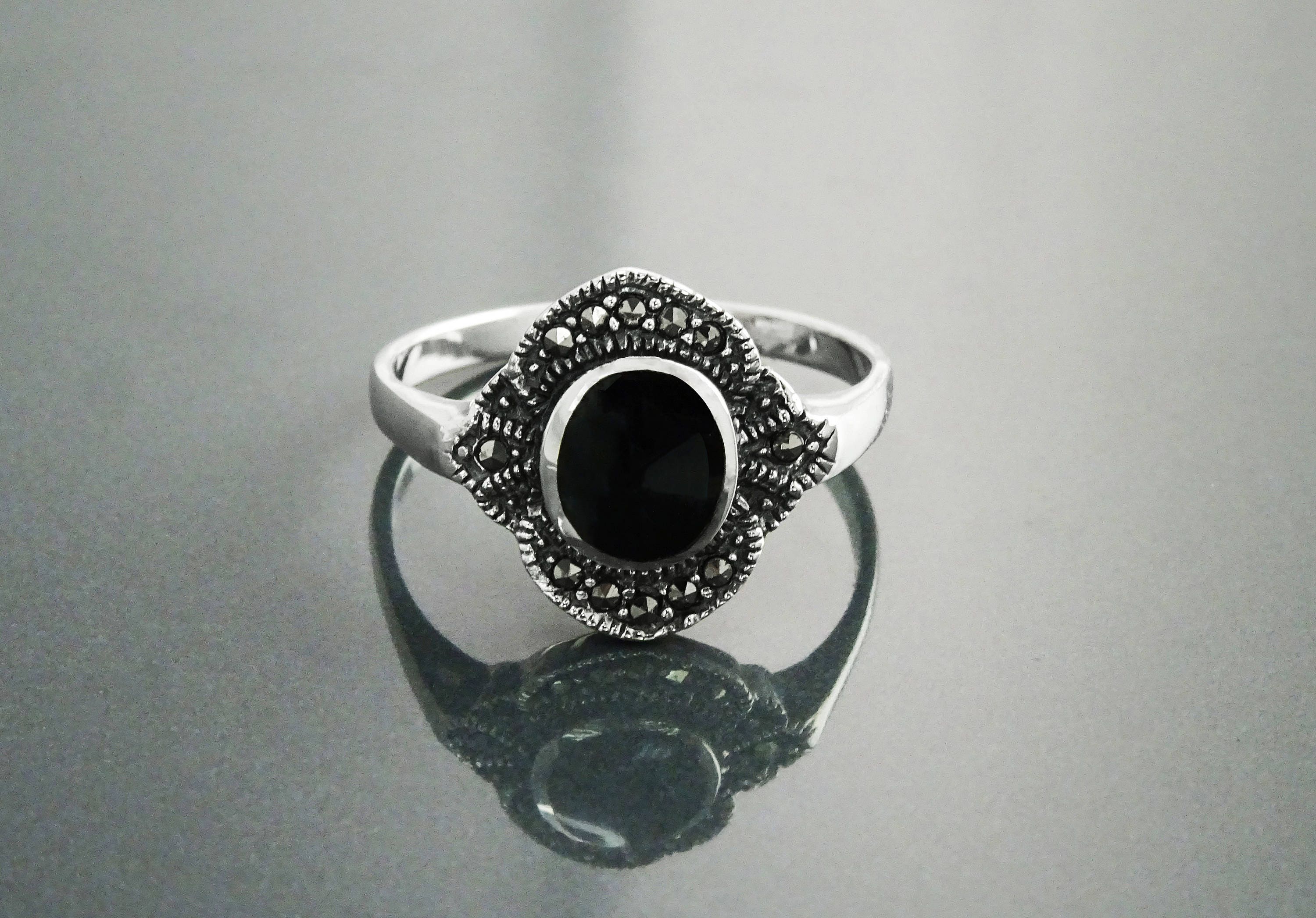 Art-deco Black Ring, Sterling Silver Ring With Flat Oval