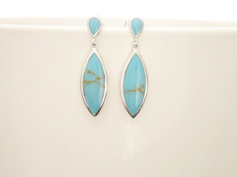 Deep Black Sterling Silver Dainty Jewelry Turquoise Set Almond Shape Bright Blue Tribal, Earrings and Pendant Set Blue Turquoise