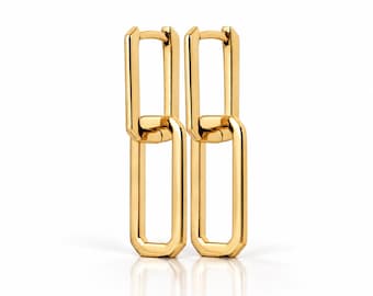 Double Rectangle Hoops • 18K Gold plated • Interlocking Two Hoop Earrings • Minimalist Geometric Huggies