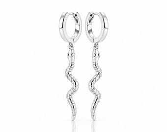 Snake Drop Hoops • Sterling Silver 925 • Serpent Dangle Charm Hoop Earrings • Nature Animal Jewelry